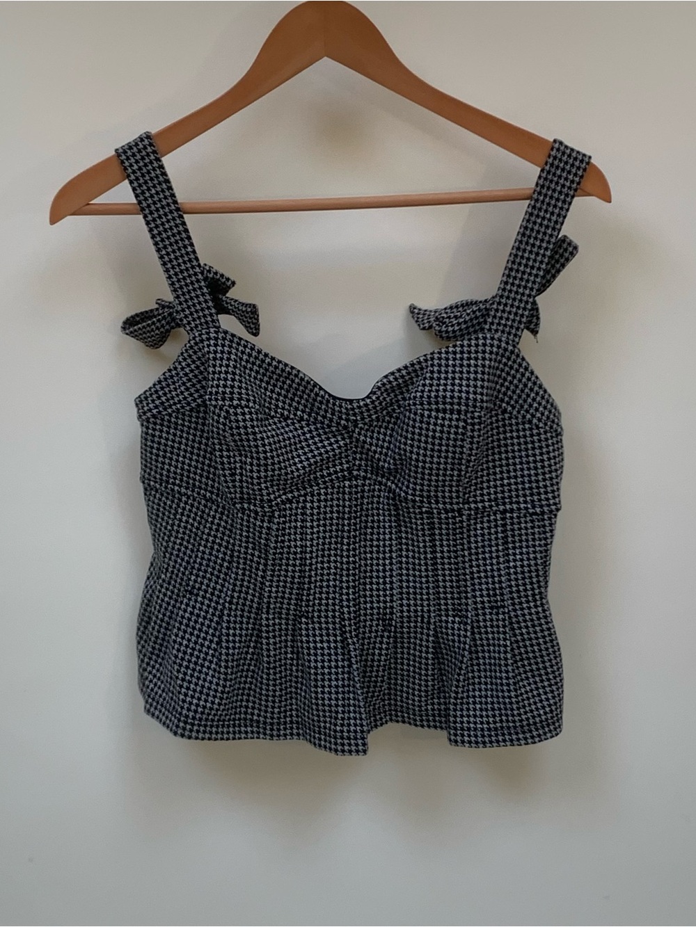 Free People Houndstooth Zip Up Tank Crop Top Sz L Tie Straps Sweetheart Black